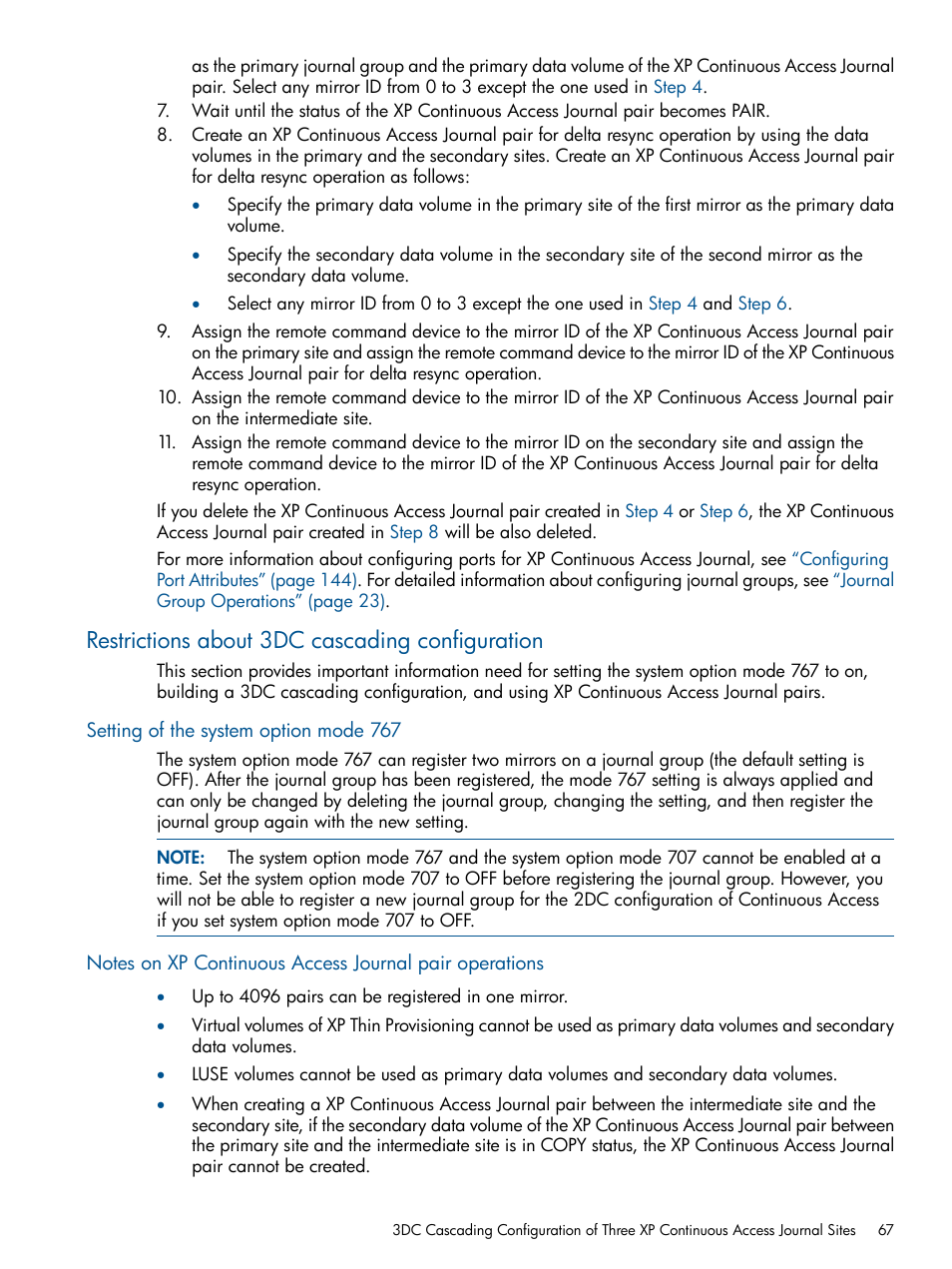 Restrictions about 3dc cascading configuration, Setting of the system option mode 767 | HP StorageWorks XP Remote Web Console Software User Manual | Page 67 / 245