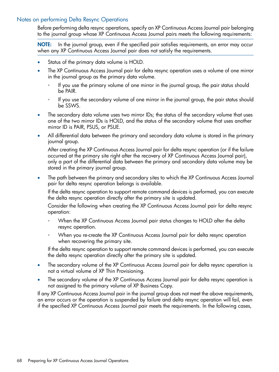 Notes on performing delta resync operations | HP StorageWorks XP Remote Web Console Software User Manual | Page 68 / 245