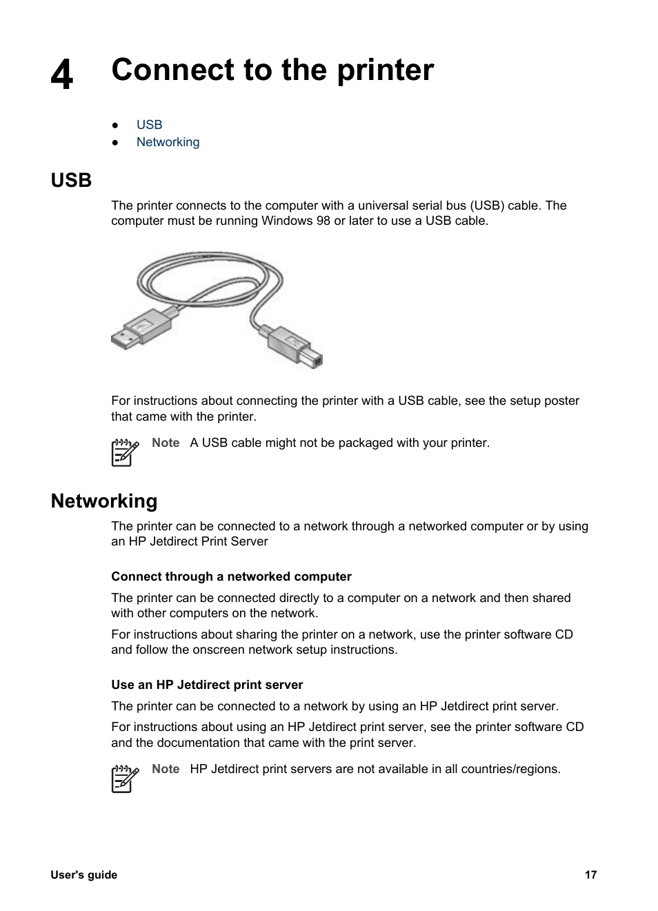 Connect to the printer, Networking, Connect to the printer usb networking | Usb port | HP Deskjet 5943 Photo Printer User Manual | Page 19 / 102