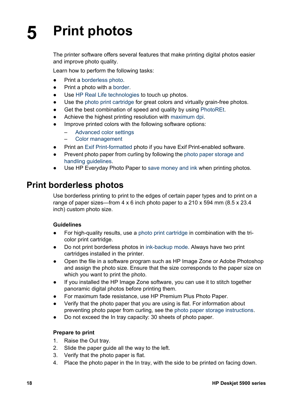 Print photos, Print borderless photos, Print photos print borderless photos | Photos, Without borders | HP Deskjet 5943 Photo Printer User Manual | Page 20 / 102