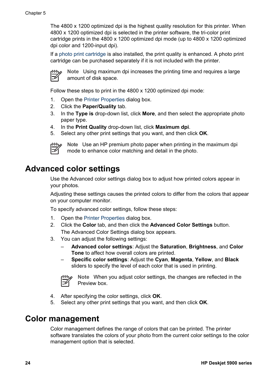 Advanced color settings, Color management, Advanced color settings color management | HP Deskjet 5943 Photo Printer User Manual | Page 26 / 102