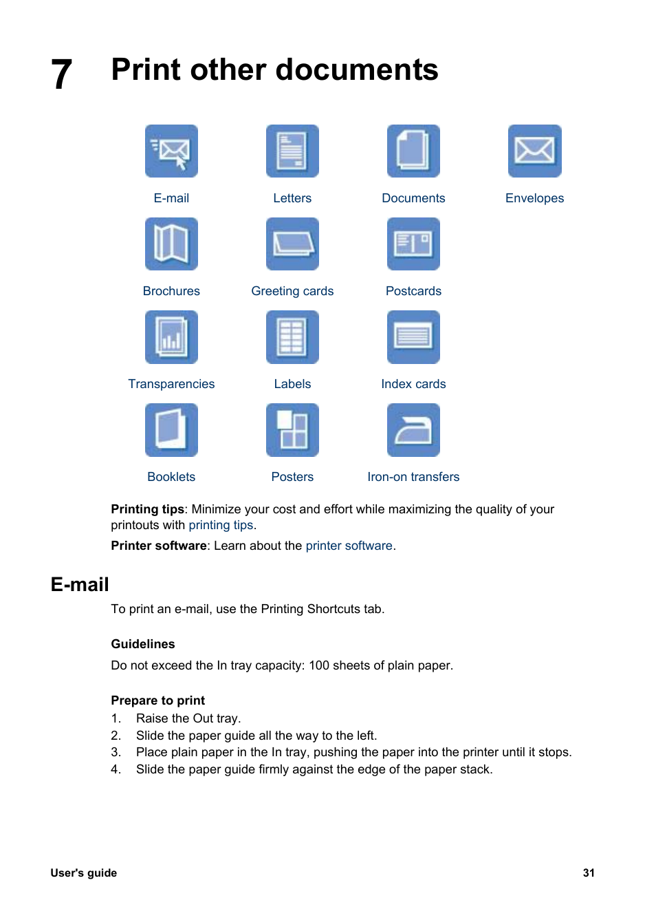 Print other documents, E-mail, Print other documents e-mail | HP Deskjet 5943 Photo Printer User Manual | Page 33 / 102