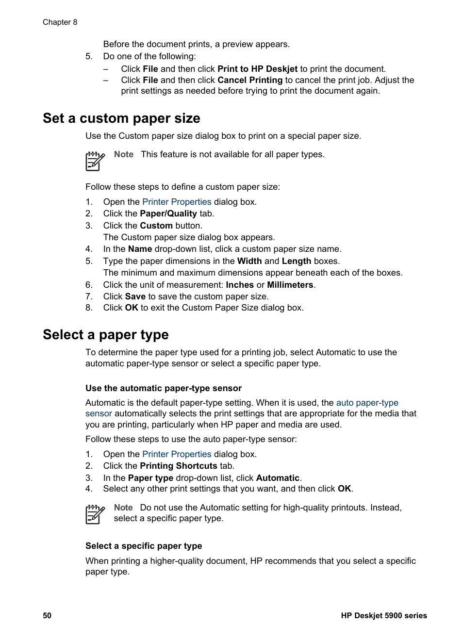 Set a custom paper size, Select a paper type, Set a custom paper size select a paper type | Setting, see, Select a, Paper type, On a, Custom paper size | HP Deskjet 5943 Photo Printer User Manual | Page 52 / 102