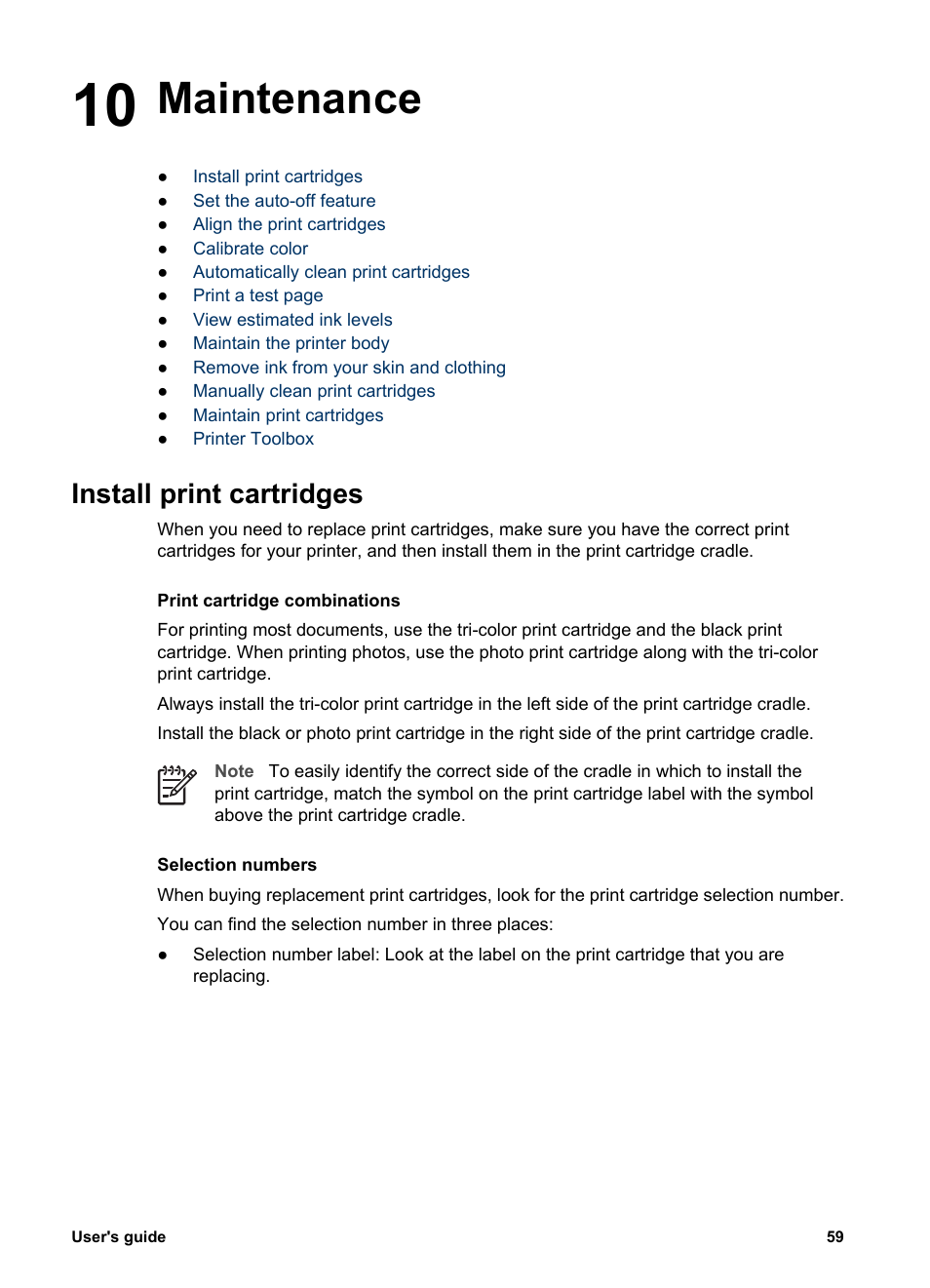 Maintenance, Install print cartridges, 10 maintenance | Print cartridge, Installation | HP Deskjet 5943 Photo Printer User Manual | Page 61 / 102