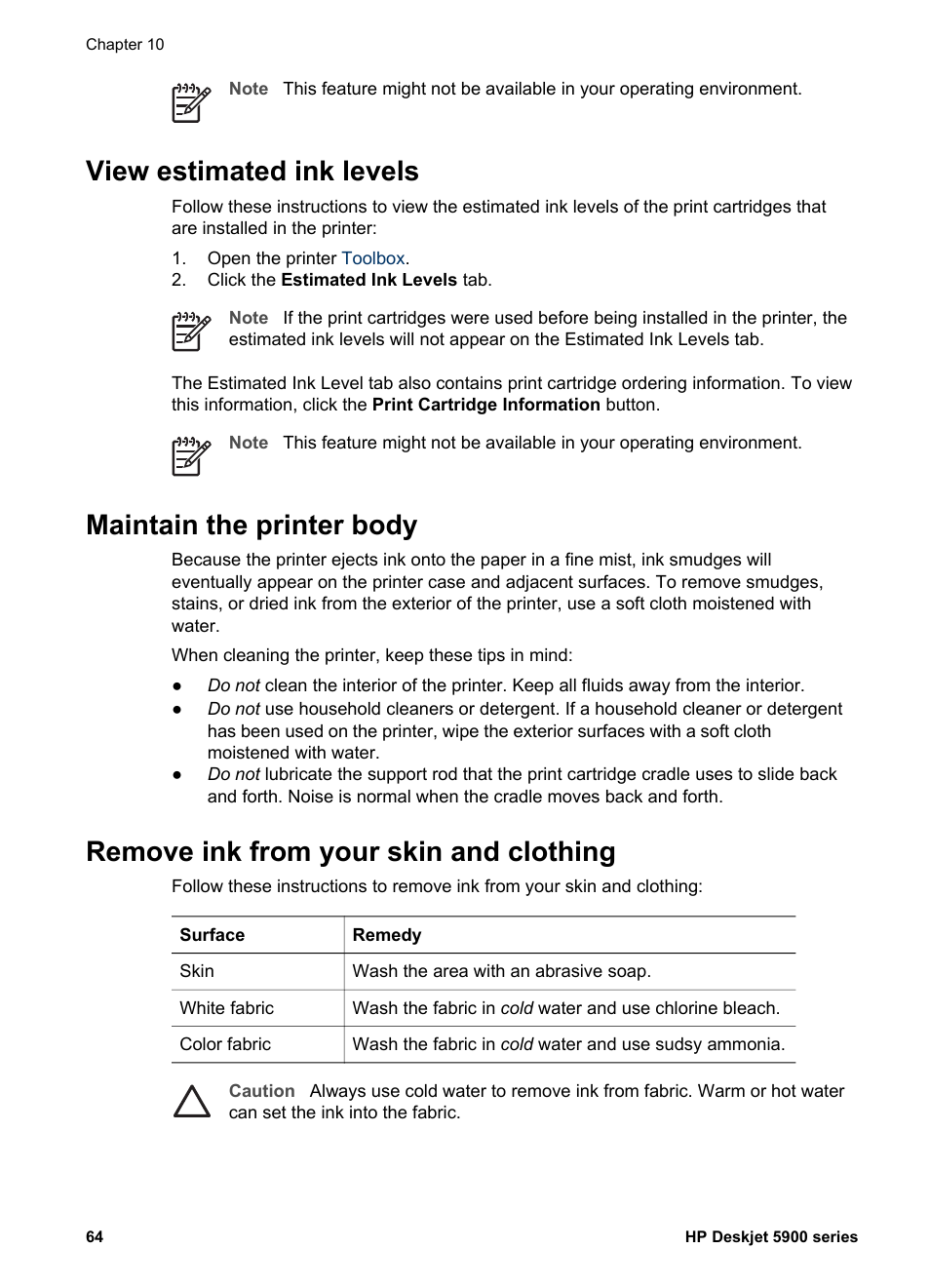 View estimated ink levels, Maintain the printer body, Remove ink from your skin and clothing | Low on ink | HP Deskjet 5943 Photo Printer User Manual | Page 66 / 102
