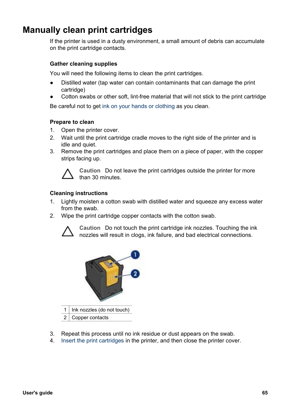 Manually clean print cartridges | HP Deskjet 5943 Photo Printer User Manual | Page 67 / 102