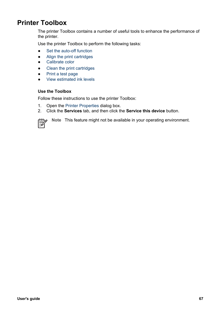 Printer toolbox, Toolbox, Click | Numbers, open the printer | HP Deskjet 5943 Photo Printer User Manual | Page 69 / 102