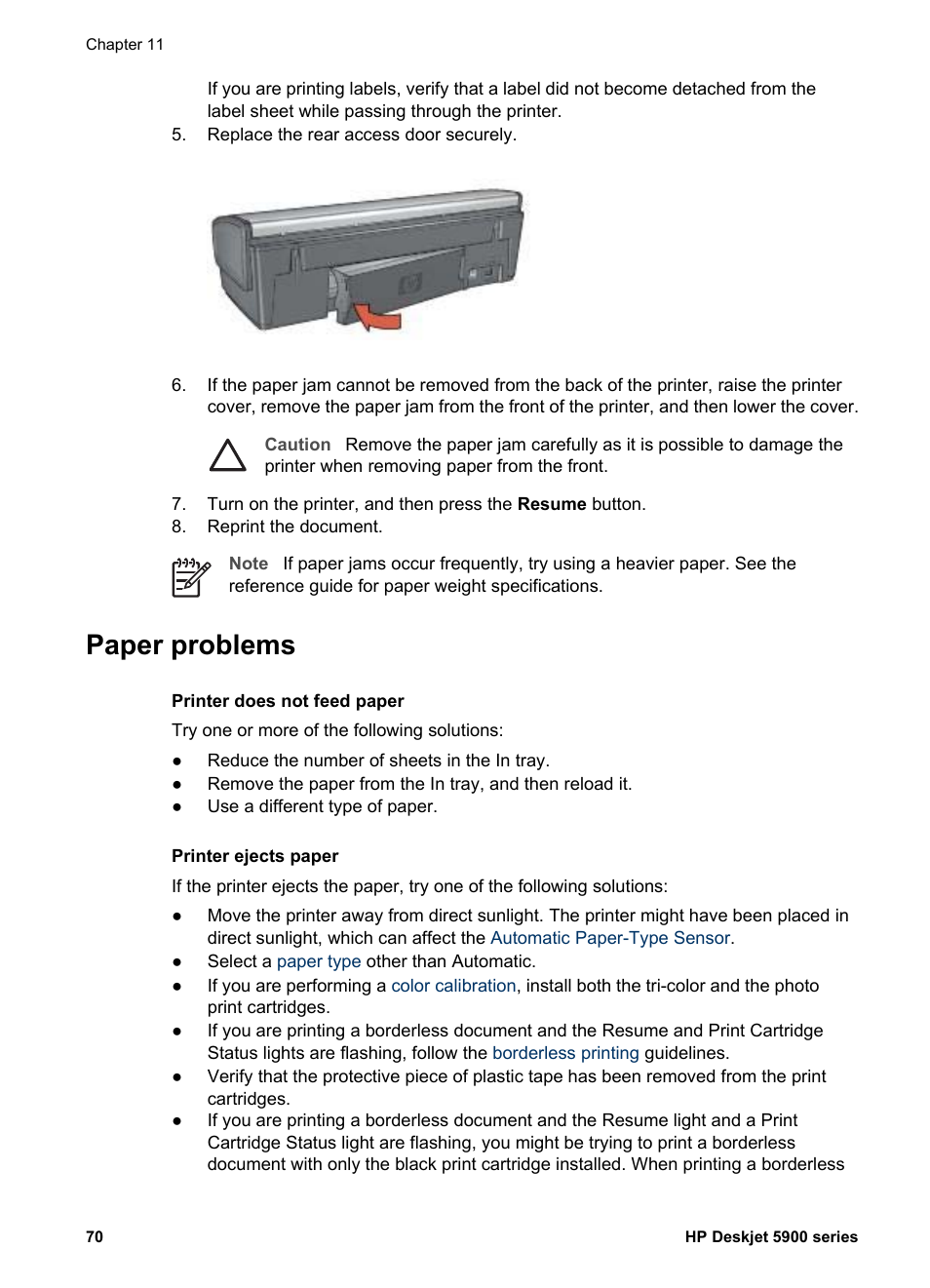 Paper problems, Printer ejects paper | HP Deskjet 5943 Photo Printer User Manual | Page 72 / 102