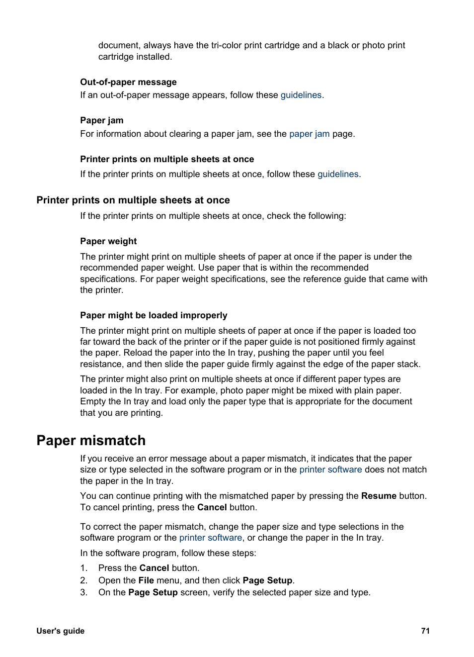 Printer prints on multiple sheets at once, Paper mismatch | HP Deskjet 5943 Photo Printer User Manual | Page 73 / 102