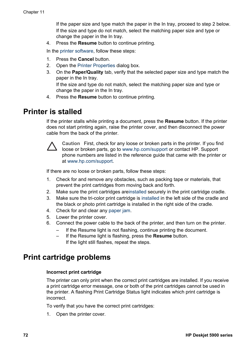 Printer is stalled, Print cartridge problems, Printer is stalled print cartridge problems | HP Deskjet 5943 Photo Printer User Manual | Page 74 / 102