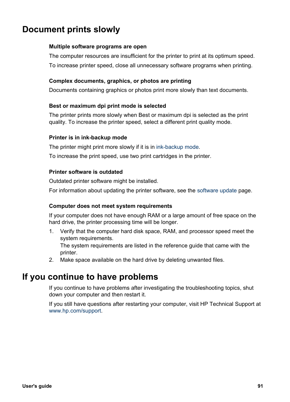 Document prints slowly, If you continue to have problems | HP Deskjet 5943 Photo Printer User Manual | Page 93 / 102