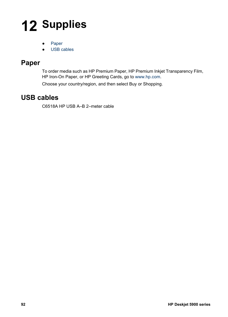Supplies, Paper, Usb cables | 12 supplies, Paper usb cables | HP Deskjet 5943 Photo Printer User Manual | Page 94 / 102