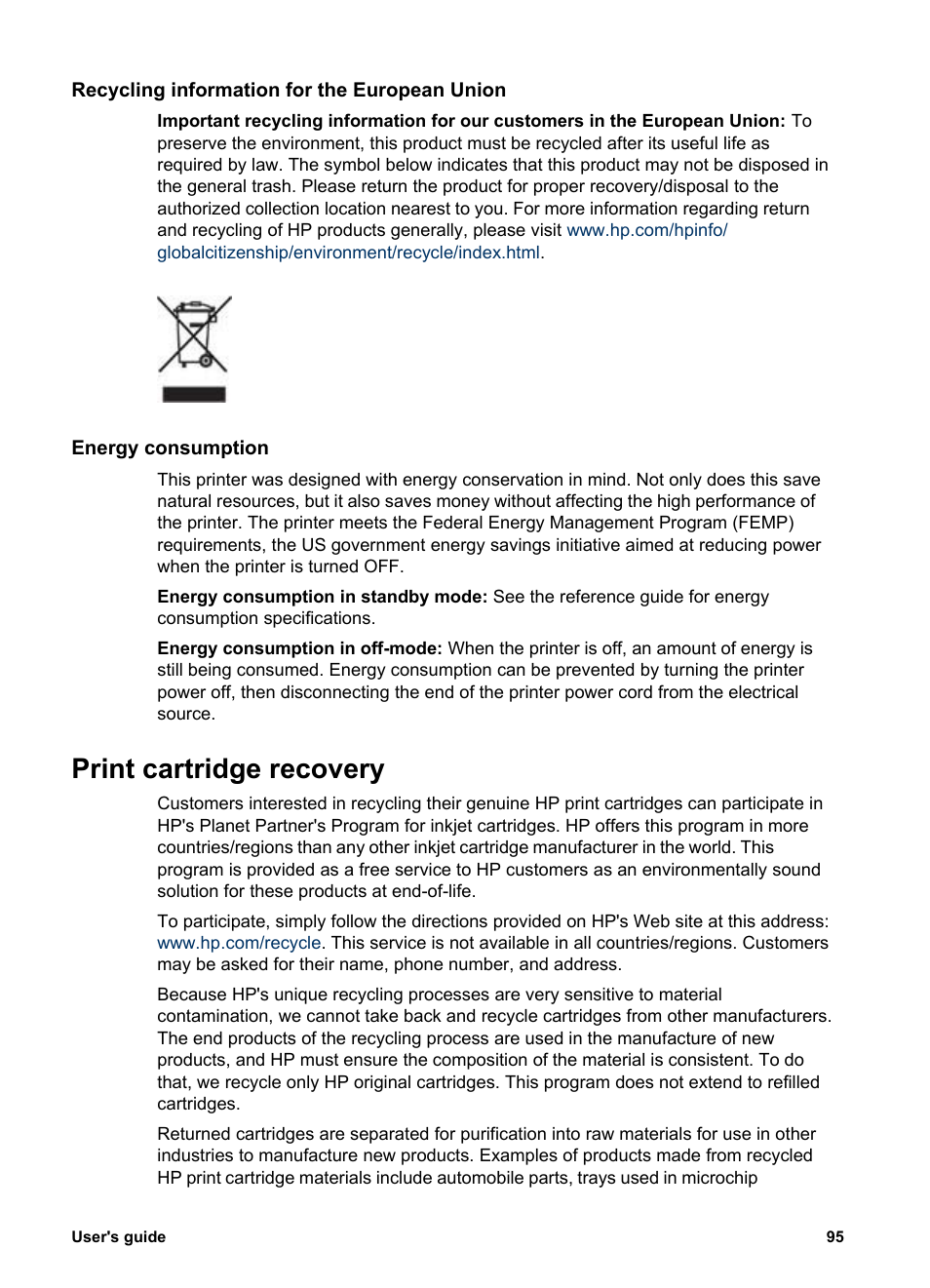 Recycling information for the european union, Energy consumption, Print cartridge recovery | Femp, Energy savings, Print cartridge, Recovery | HP Deskjet 5943 Photo Printer User Manual | Page 97 / 102