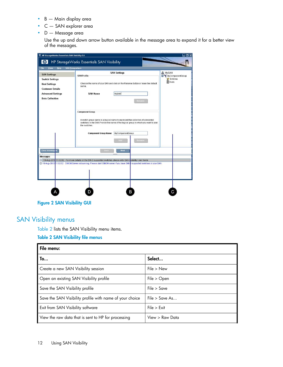 San visibility menus, San visibility gui, San visibility file menus | Figure 2 | HP SAN User Manual | Page 12 / 58