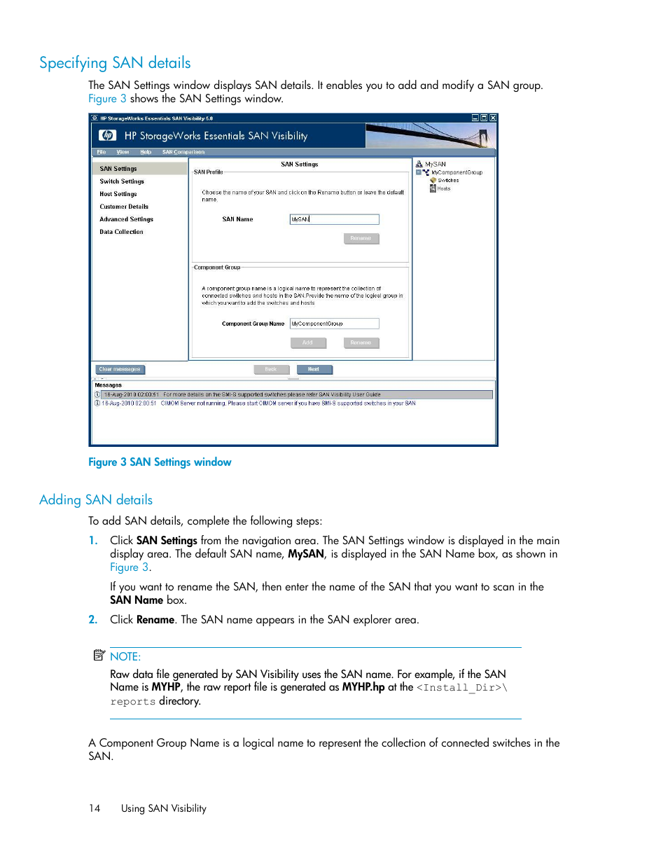 Specifying san details, Adding san details, San settings window | HP SAN User Manual | Page 14 / 58