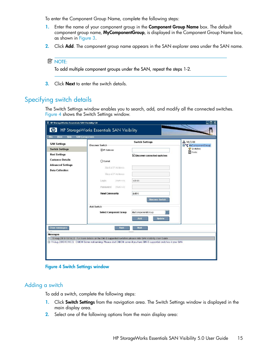 Specifying switch details, Adding a switch, Switch settings window | HP SAN User Manual | Page 15 / 58