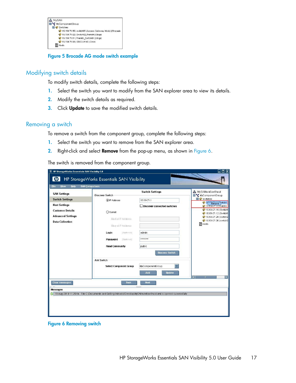 Modifying switch details, Removing a switch, 17 removing a switch | Brocade ag mode switch example, Removing switch, Figure 5 | HP SAN User Manual | Page 17 / 58