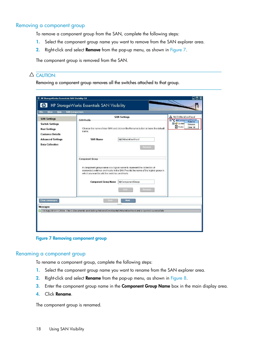 Removing a component group, Renaming a component group, 18 renaming a component group | Removing component group | HP SAN User Manual | Page 18 / 58