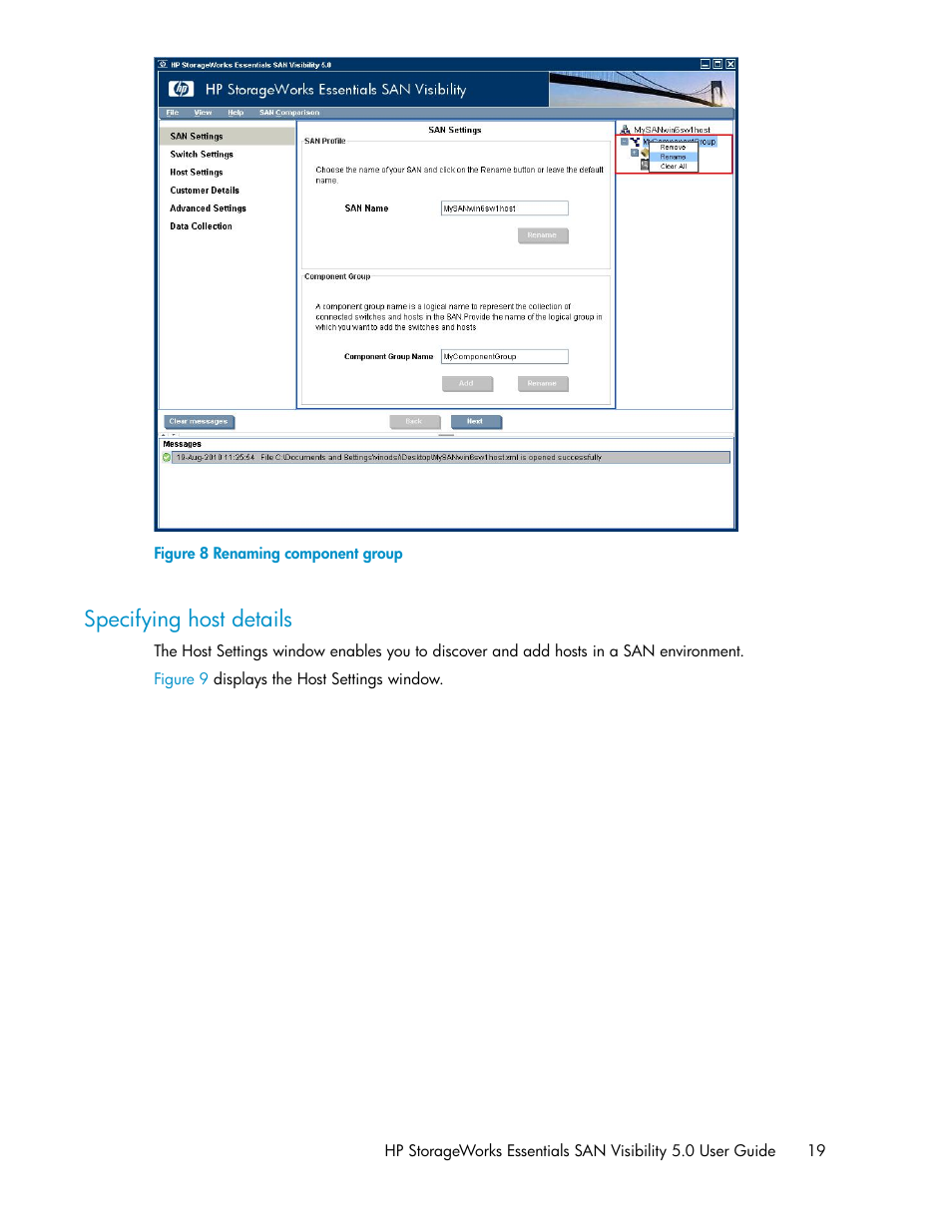 Specifying host details, Renaming component group | HP SAN User Manual | Page 19 / 58