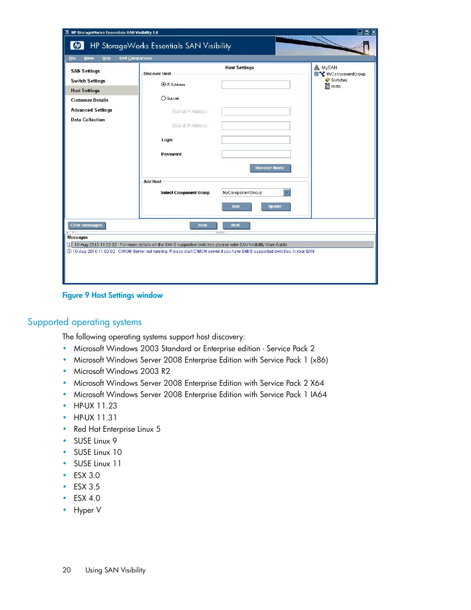 Supported operating systems, Host settings window | HP SAN User Manual | Page 20 / 58