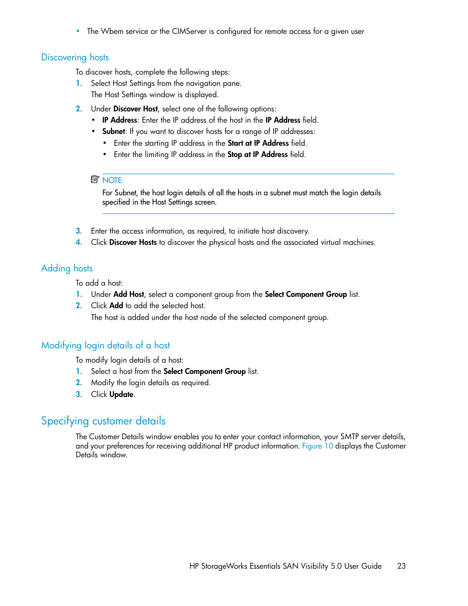 Discovering hosts, Adding hosts, Modifying login details of a host | Specifying customer details, 23 adding hosts, 23 modifying login details of a host | HP SAN User Manual | Page 23 / 58