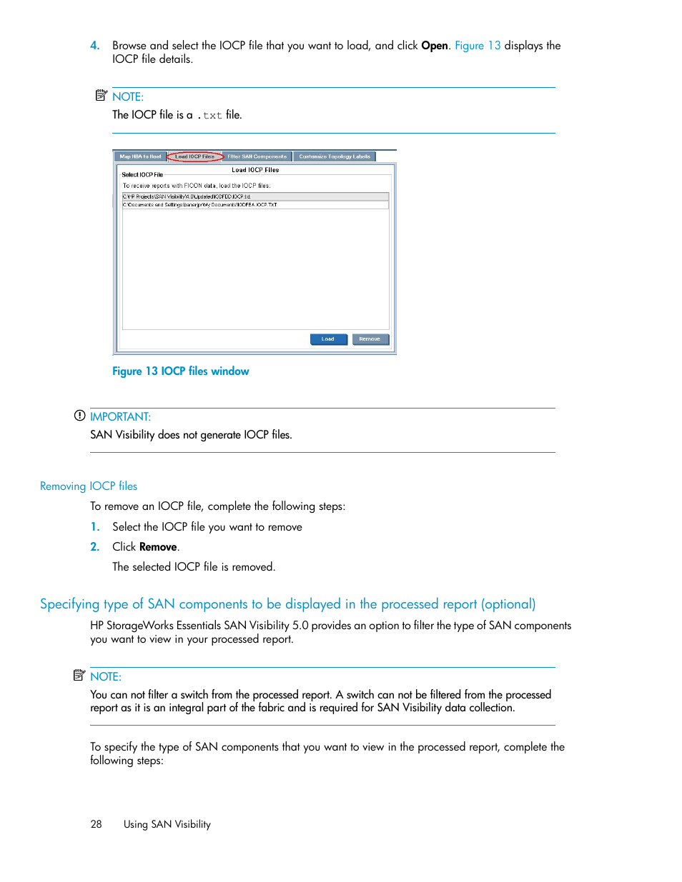 Removing iocp files, Iocp files window | HP SAN User Manual | Page 28 / 58