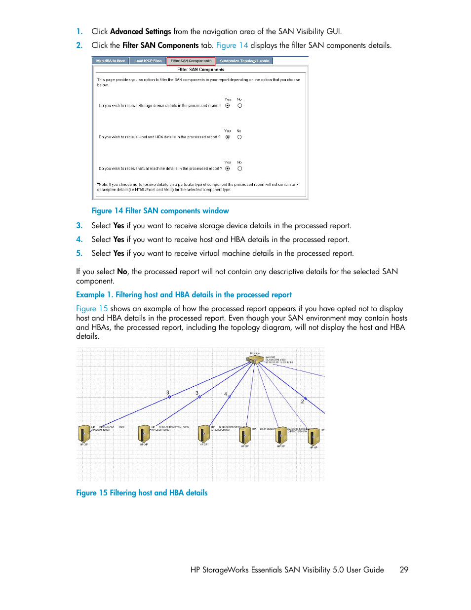 Filter san components window, Filtering host and hba details | HP SAN User Manual | Page 29 / 58