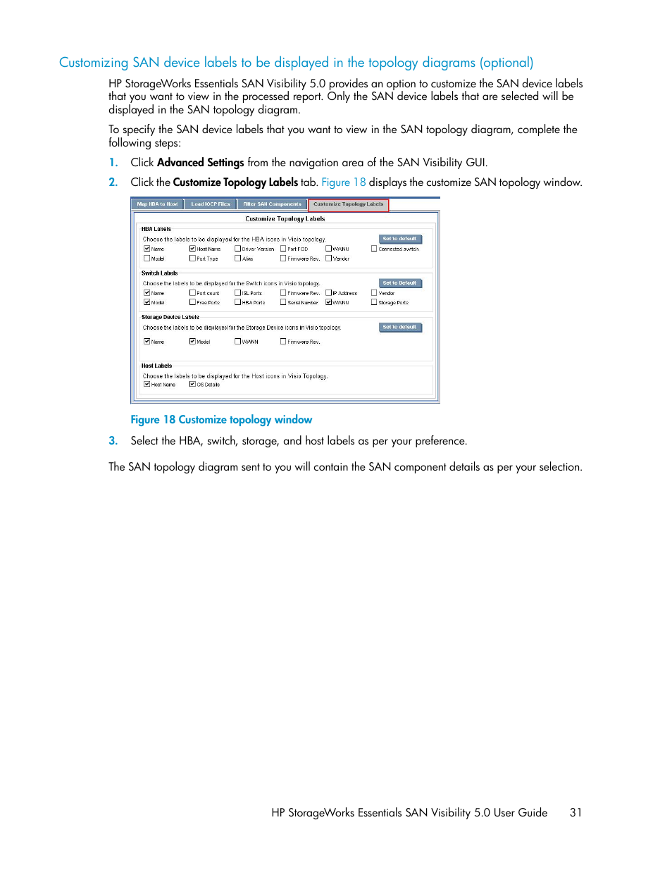 Customize topology window | HP SAN User Manual | Page 31 / 58