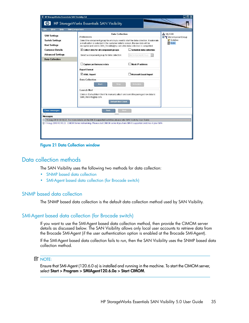 Data collection methods, Snmp based data collection, Data collection window | HP SAN User Manual | Page 35 / 58