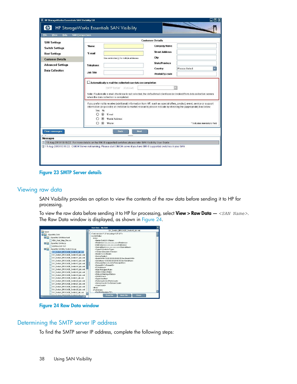 Viewing raw data, Determining the smtp server ip address, Smtp server details | Raw data window, Viewing, Raw data, Figure 24, Figure 23, Determining the smtp server, Ip address | HP SAN User Manual | Page 38 / 58