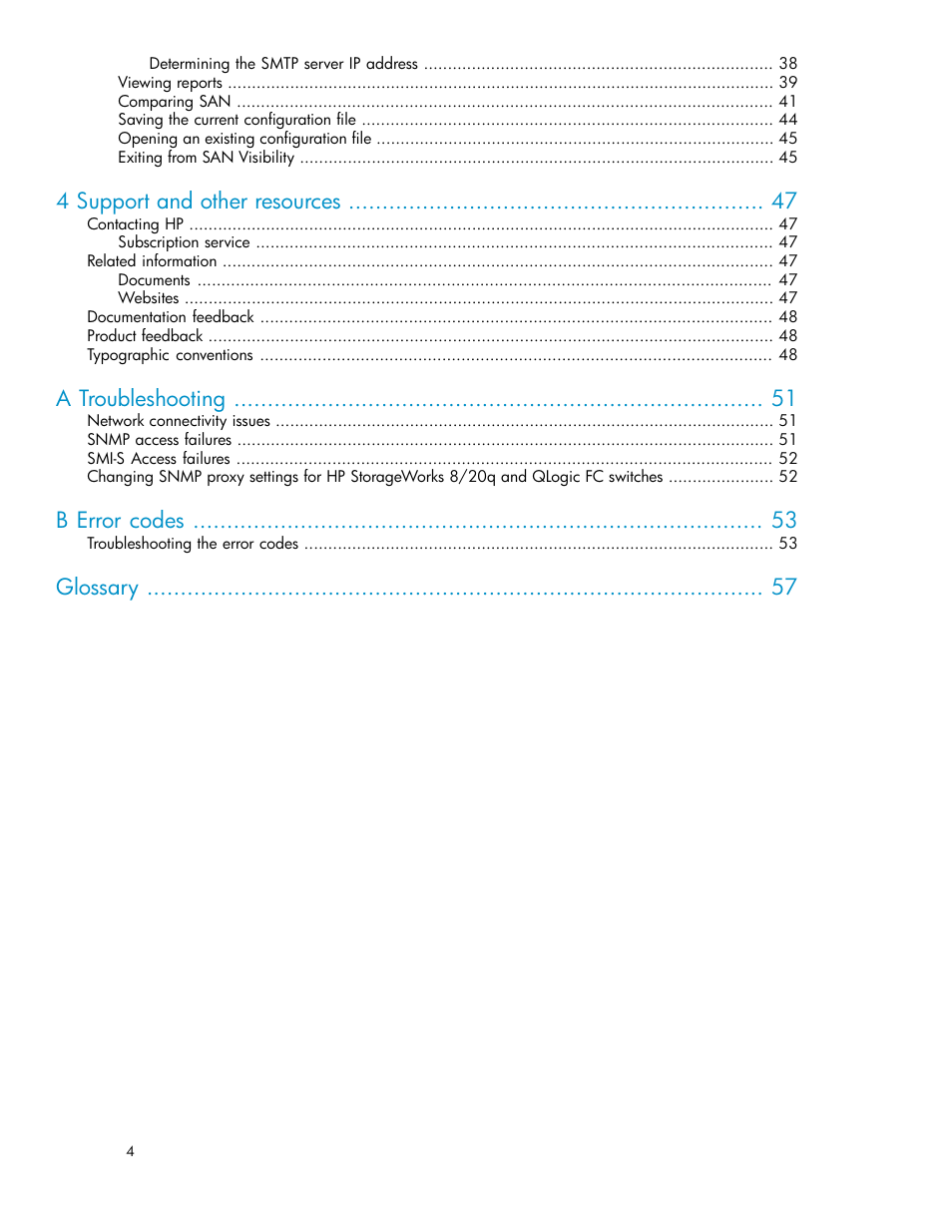 4 support and other resources, A troubleshooting, B error codes | Glossary | HP SAN User Manual | Page 4 / 58