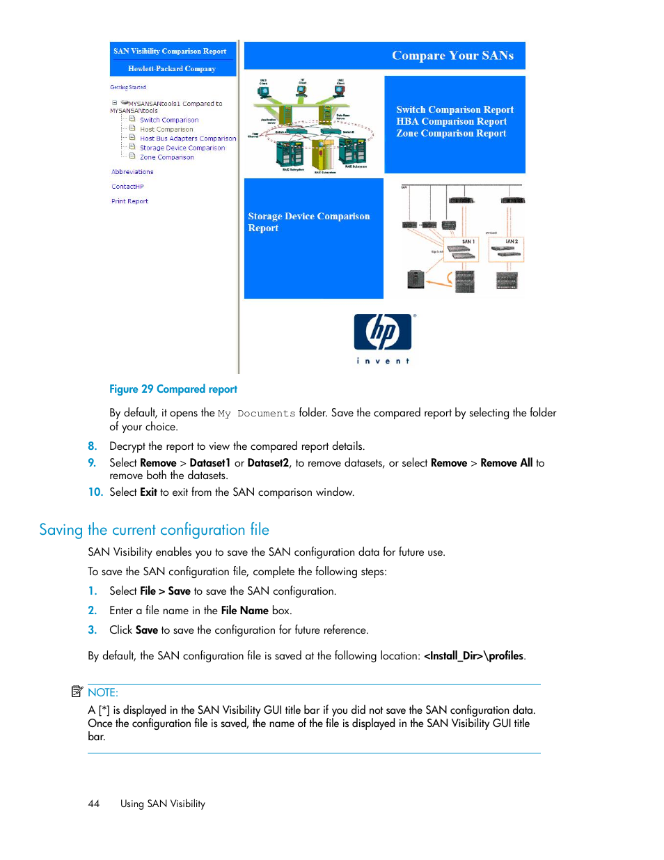 Saving the current configuration file, Compared report | HP SAN User Manual | Page 44 / 58