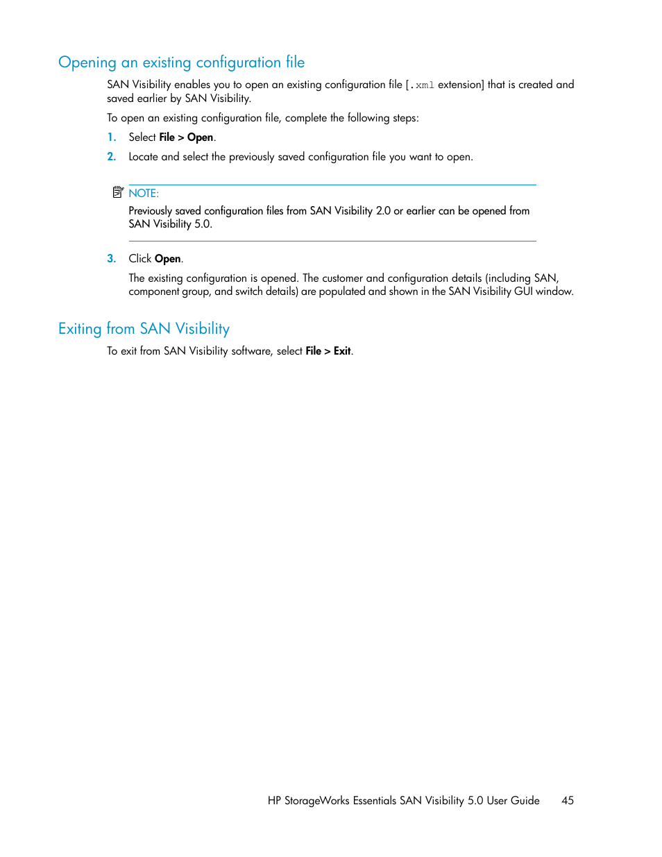 Opening an existing configuration file, Exiting from san visibility, 45 exiting from san visibility | HP SAN User Manual | Page 45 / 58