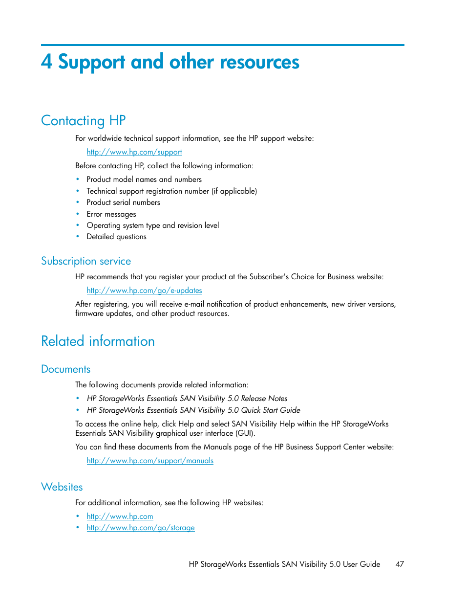 4 support and other resources, Contacting hp, Subscription service | Related information, Documents, Websites, 47 websites | HP SAN User Manual | Page 47 / 58