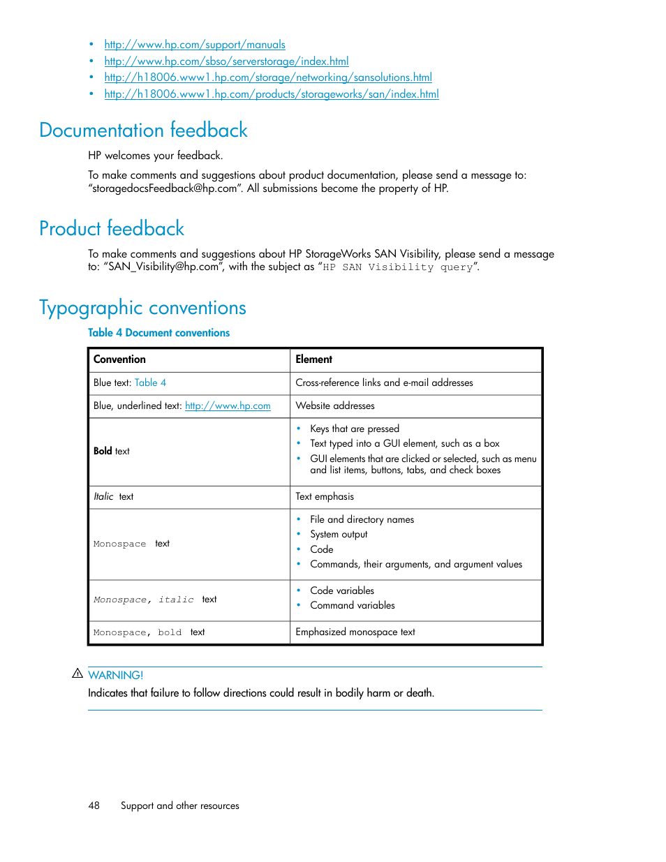 Documentation feedback, Product feedback, Typographic conventions | 48 product feedback, 48 typographic conventions, Document conventions | HP SAN User Manual | Page 48 / 58
