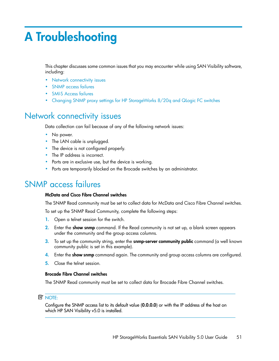 A troubleshooting, Network connectivity issues, Snmp access failures | 51 snmp access failures | HP SAN User Manual | Page 51 / 58