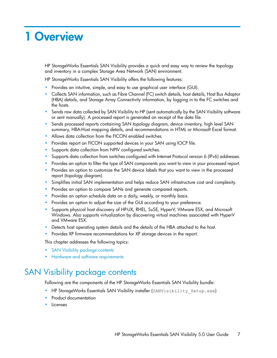1 overview, San visibility package contents | HP SAN User Manual | Page 7 / 58