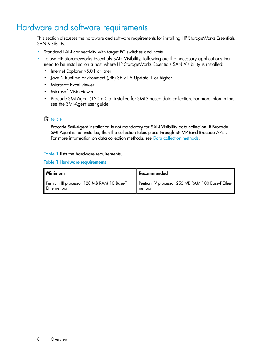 Hardware and software requirements, Hardware requirements | HP SAN User Manual | Page 8 / 58