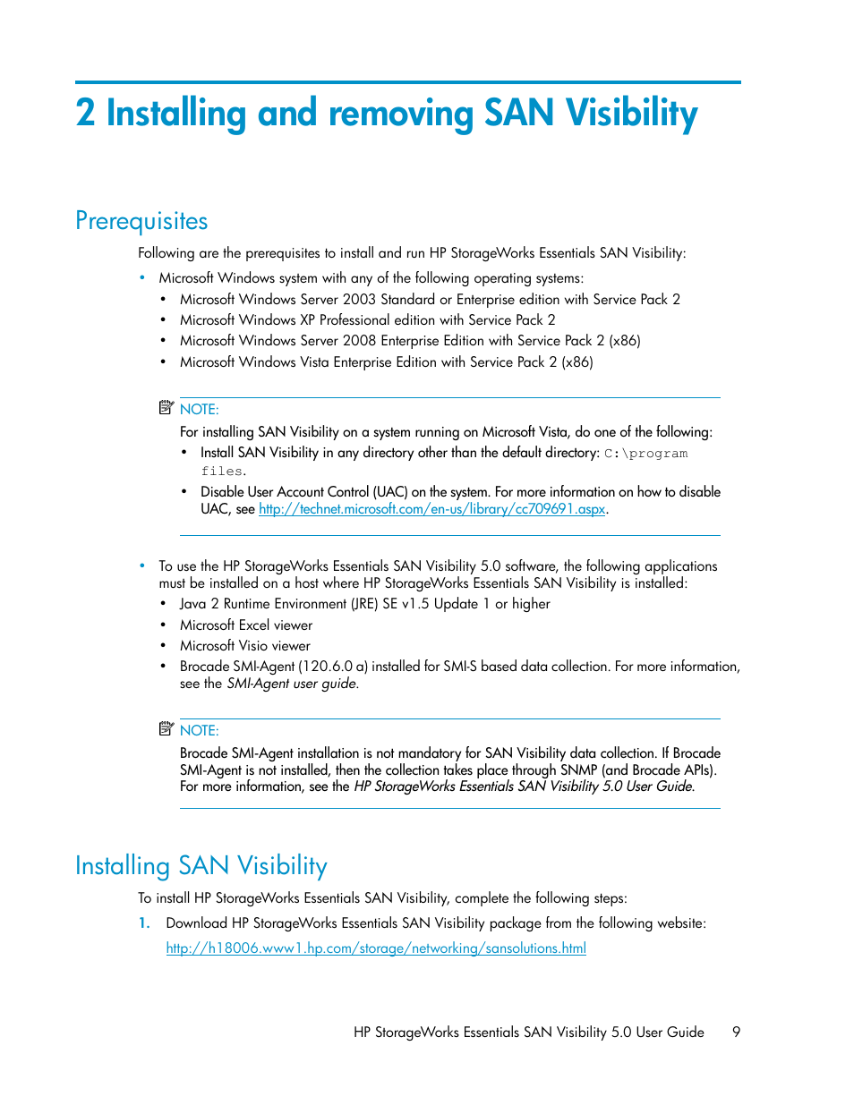 2 installing and removing san visibility, Prerequisites, Installing san visibility | 9 installing san visibility | HP SAN User Manual | Page 9 / 58