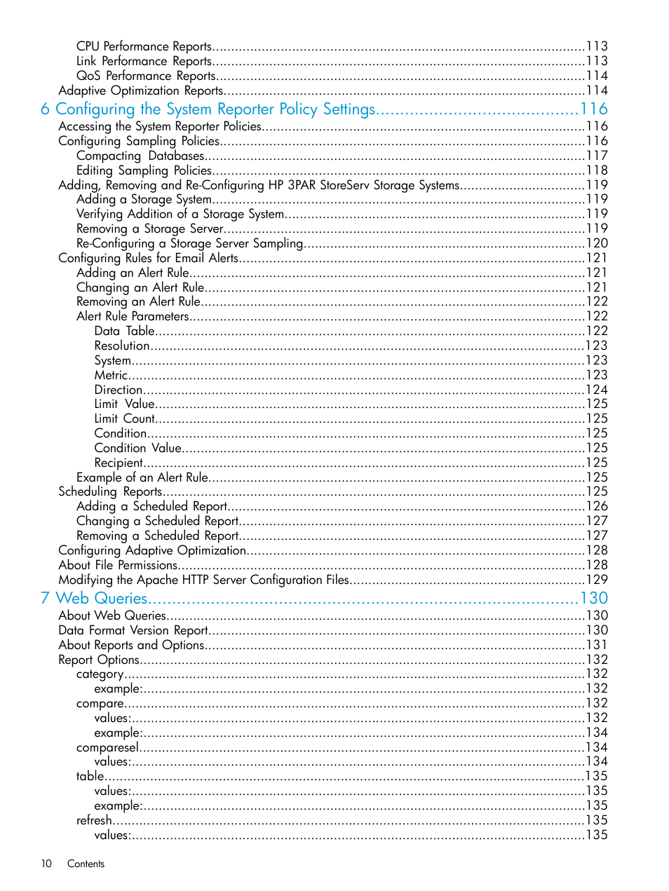 6 configuring the system reporter policy settings, 7 web queries | HP 3PAR System Reporter Software User Manual | Page 10 / 239