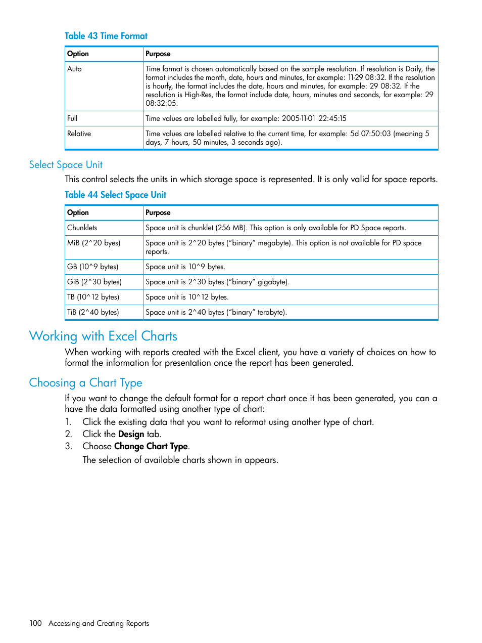 Select space unit, Working with excel charts, Choosing a chart type | HP 3PAR System Reporter Software User Manual | Page 100 / 239