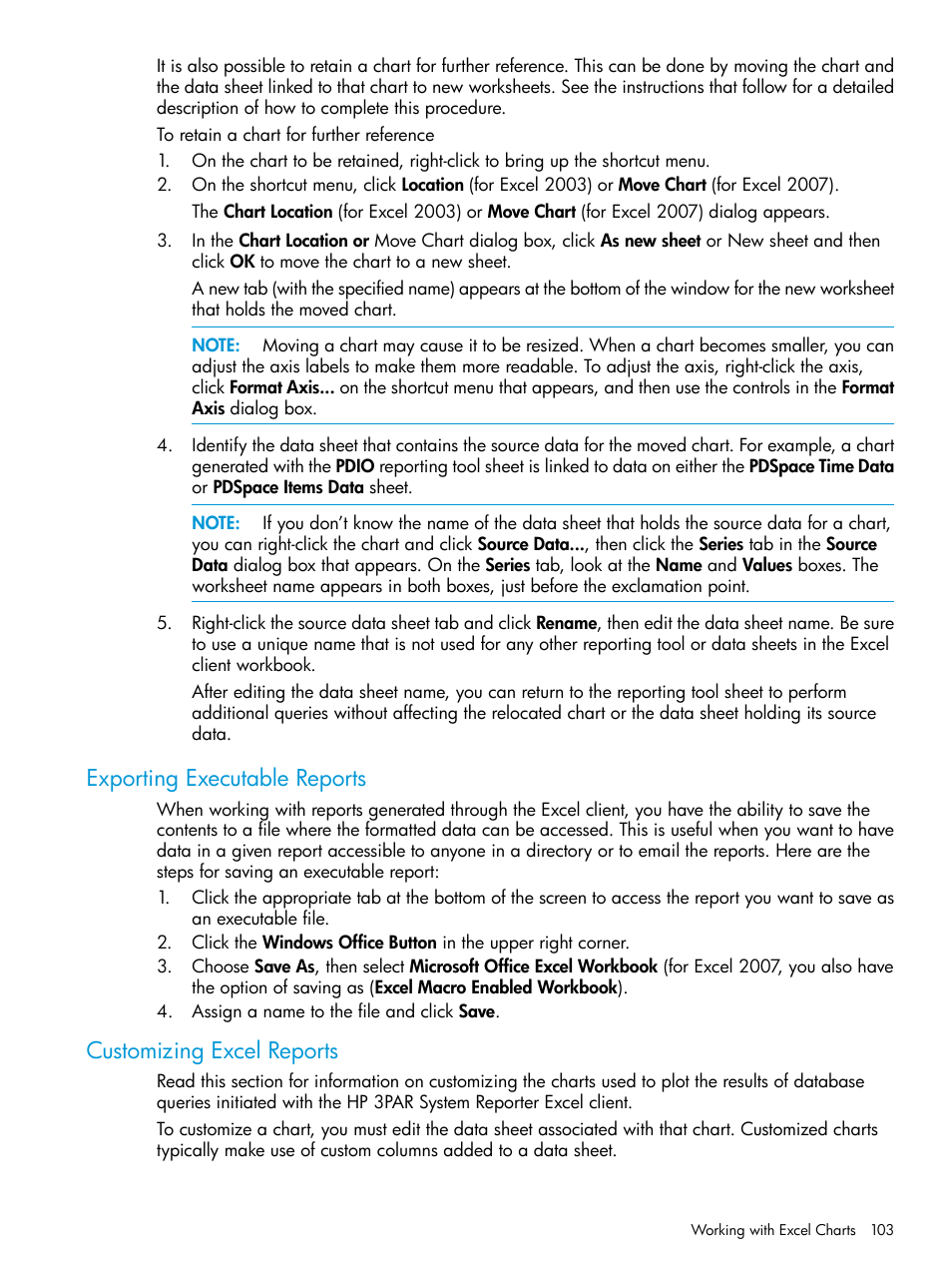 Exporting executable reports, Customizing excel reports | HP 3PAR System Reporter Software User Manual | Page 103 / 239