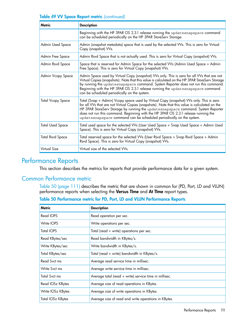 Performance reports, Common performance metric | HP 3PAR System Reporter Software User Manual | Page 111 / 239