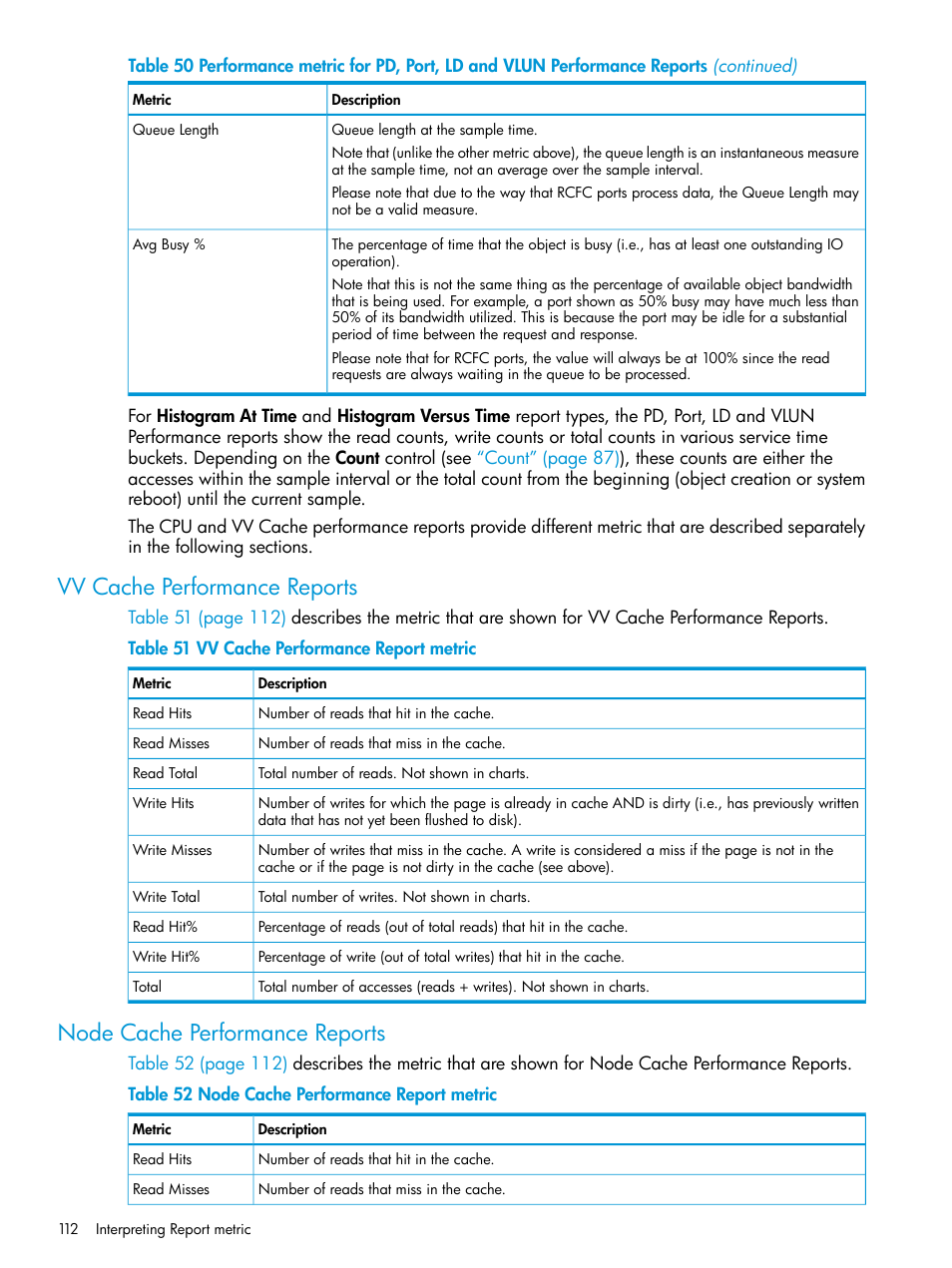 Vv cache performance reports, Node cache performance reports | HP 3PAR System Reporter Software User Manual | Page 112 / 239