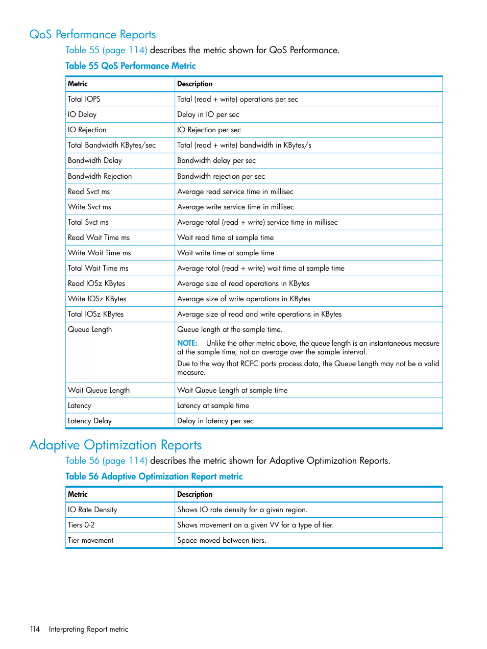 Qos performance reports, Adaptive optimization reports, Adaptive optimization | HP 3PAR System Reporter Software User Manual | Page 114 / 239