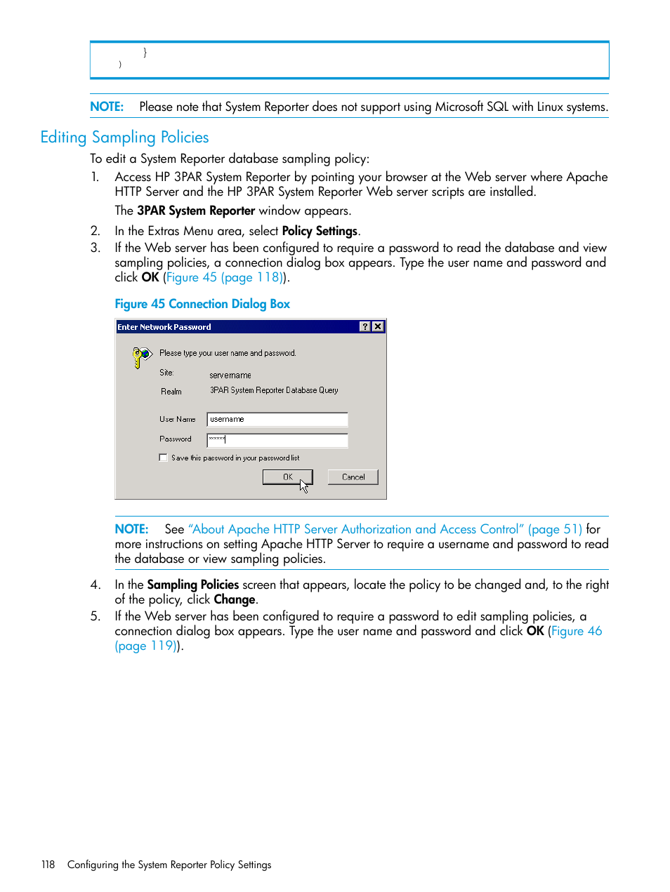 Editing sampling policies, Editing | HP 3PAR System Reporter Software User Manual | Page 118 / 239