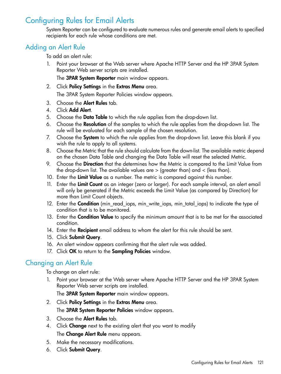 Configuring rules for email alerts, Adding an alert rule, Changing an alert rule | Adding an alert rule changing an alert rule, Configuring rules for email | HP 3PAR System Reporter Software User Manual | Page 121 / 239