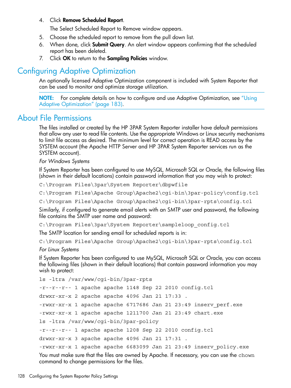 Configuring adaptive optimization, About file permissions | HP 3PAR System Reporter Software User Manual | Page 128 / 239