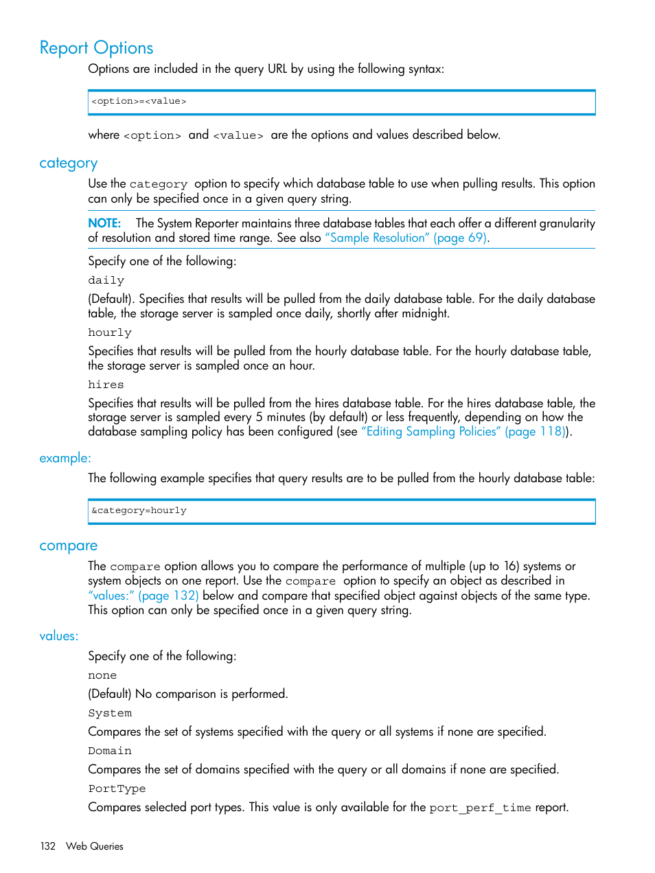 Report options, Category, Example | Compare, Values | HP 3PAR System Reporter Software User Manual | Page 132 / 239