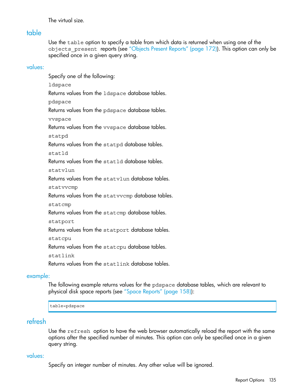 Table, Values, Example | Refresh, Values: example | HP 3PAR System Reporter Software User Manual | Page 135 / 239